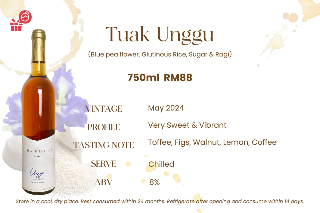 Tuak Unggu — Purple botanicals, glutinous rice, sugar & ragi. Very sweet & vibrant, 13% ABV. A striking violet brew, gently floral and smooth.